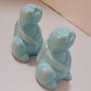 VTG Salt & Pepper Shakers BUNNIES Blue 3" Made In USA Ceramic Cute Folk Artsy